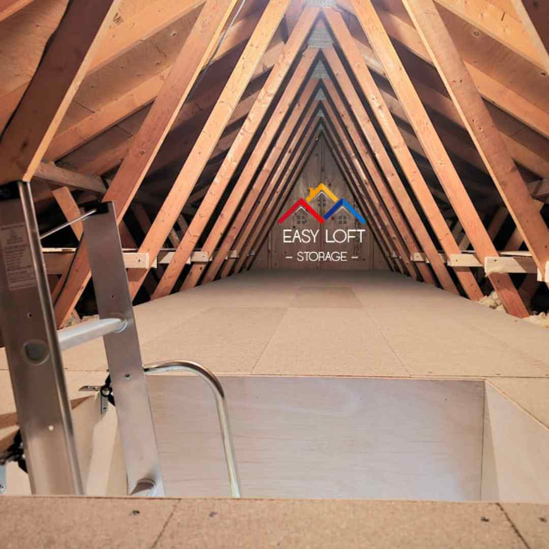 Completed loft boarding installation with storage boxes